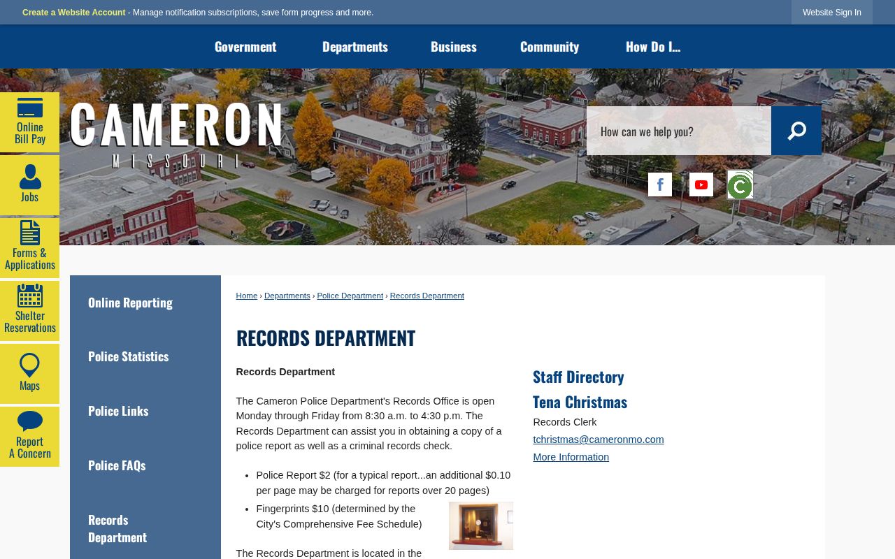 DeKalb County Cameron Police booking-record request source